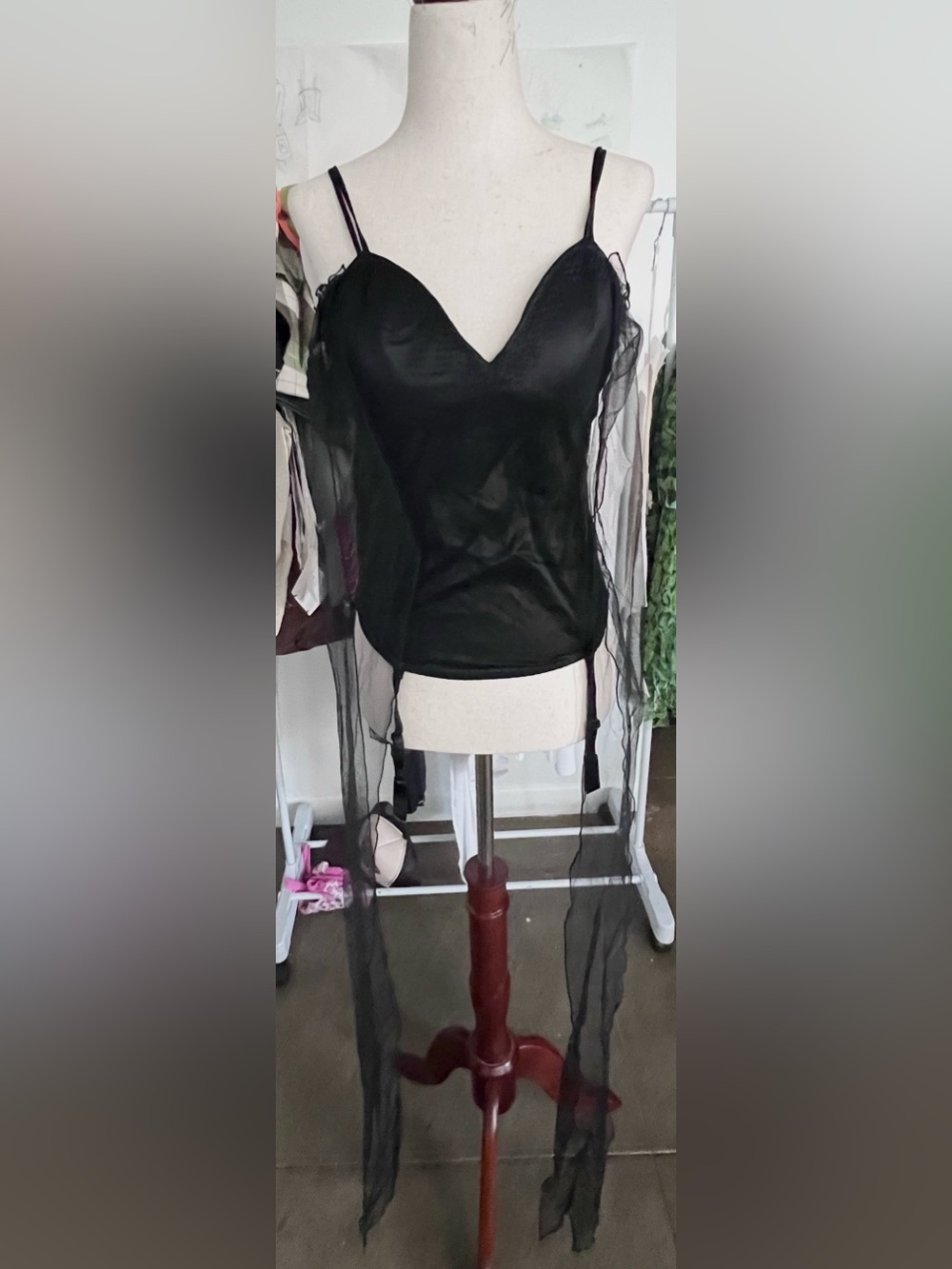 Stunning Frederick's of Hollywood Black Beaded V-Neck tool garter straps camisol